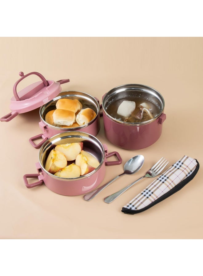 SANQIAHOME 3 Tier Stackable Stainless Steel Lunch Box Sealed(pink, 3 layers) with spoon and fork - Image 2